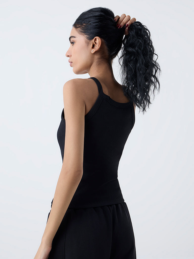Studiofit Black Ribbed Cotton-Blend Top