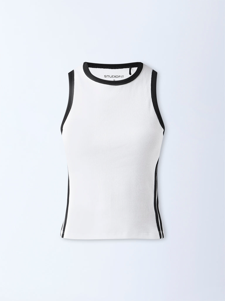 Studiofit White Striped Cotton-Blend Top