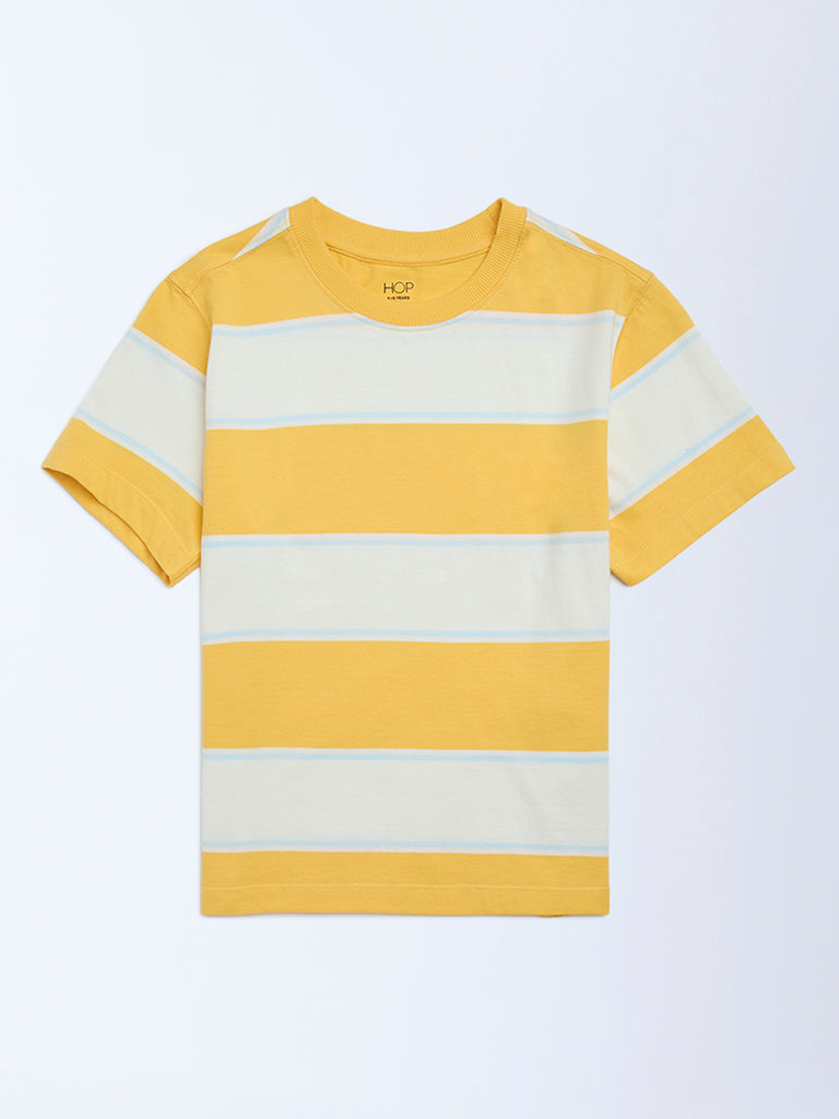 HOP Kids Boys Yellow Striped Cotton T-Shirt
