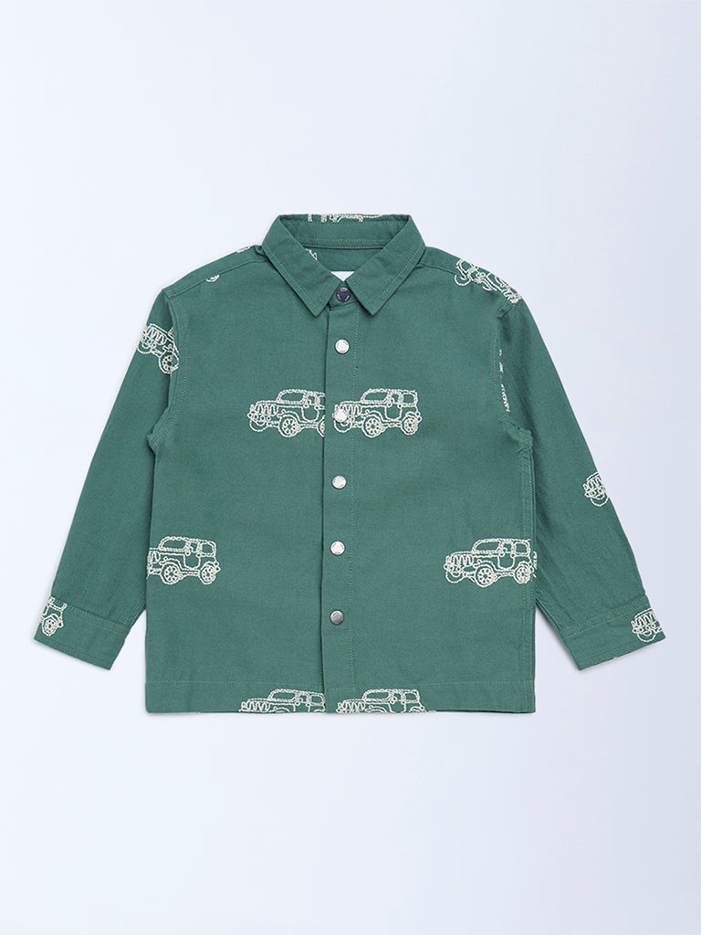 HOP Kids Boys Olive Printed Cotton Shirt
