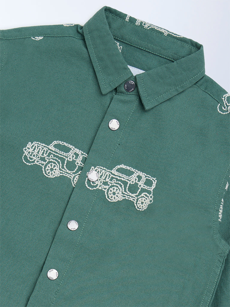 HOP Kids Boys Olive Printed Cotton Shirt