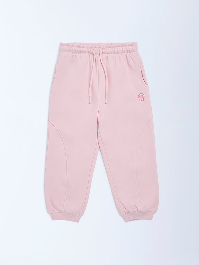 HOP Kids Girls Pink Solid High-Rise Cotton-Blend Joggers