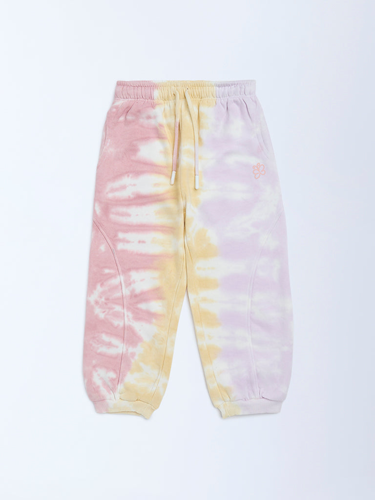 HOP Kids Girls Multicolour Tie-Dye High-Rise Cotton-Blend Joggers