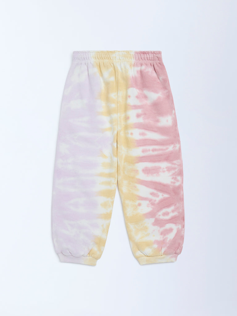 HOP Kids Girls Multicolour Tie-Dye High-Rise Cotton-Blend Joggers