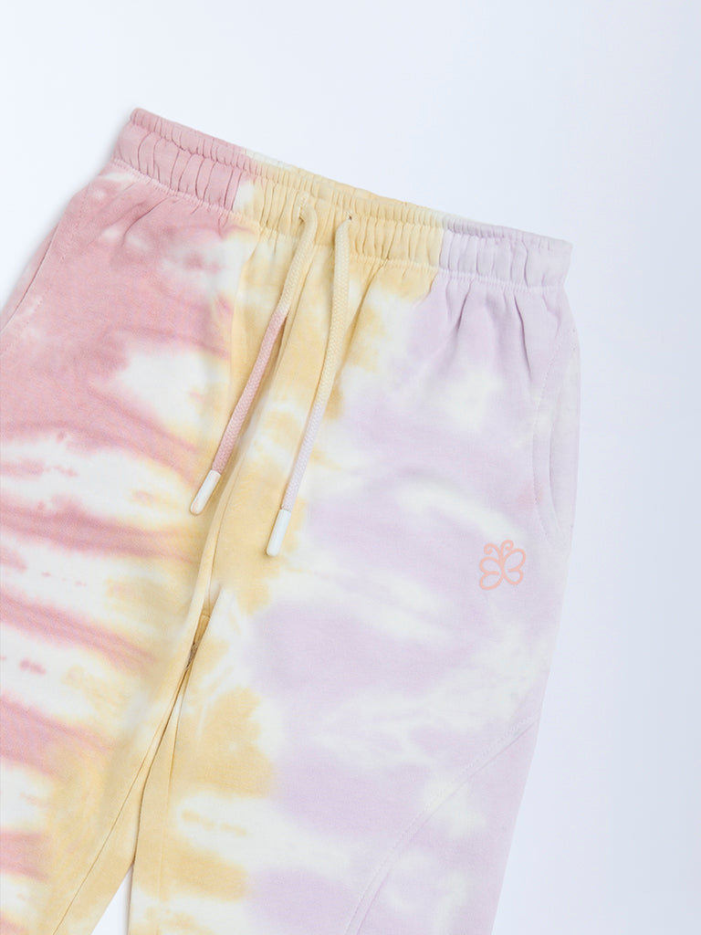 HOP Kids Girls Multicolour Tie-Dye High-Rise Cotton-Blend Joggers