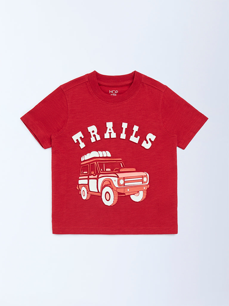 HOP Kids Boys Red Embossed Cotton T-Shirt