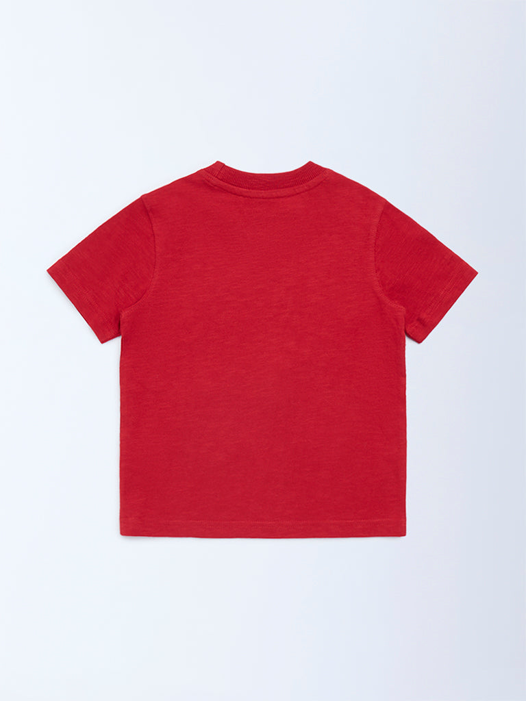 HOP Kids Boys Red Embossed Cotton T-Shirt