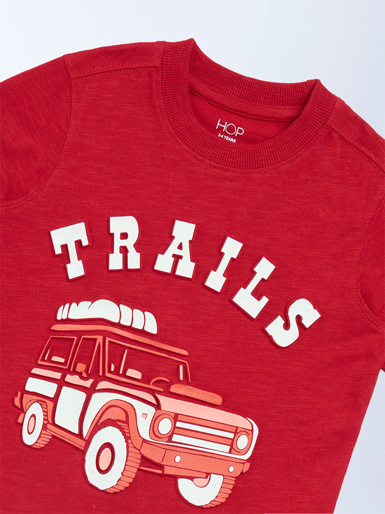 HOP Kids Boys Red Embossed Cotton T-Shirt