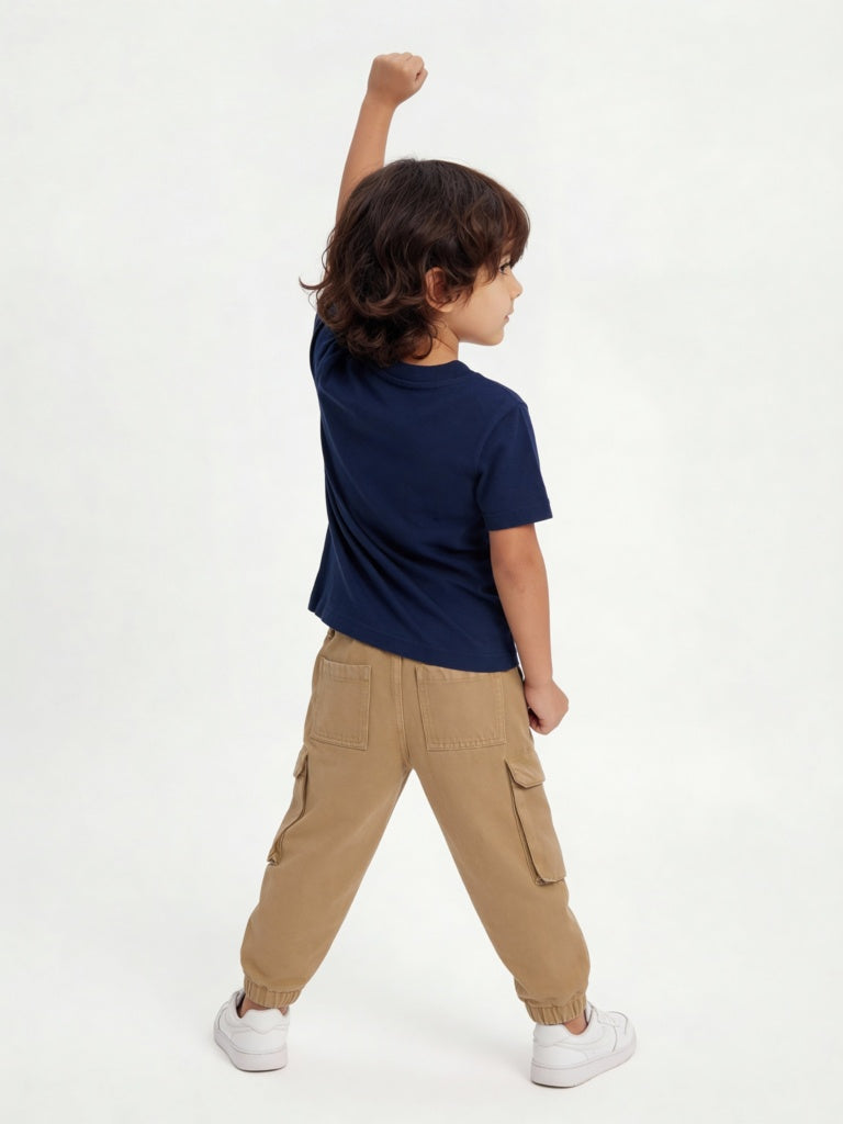 HOP Kids Boys Navy Text Embossed Cotton T-Shirt