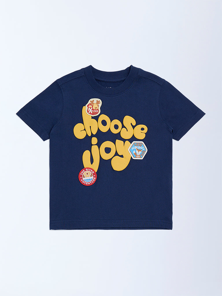 HOP Kids Boys Navy Text Embossed Cotton T-Shirt