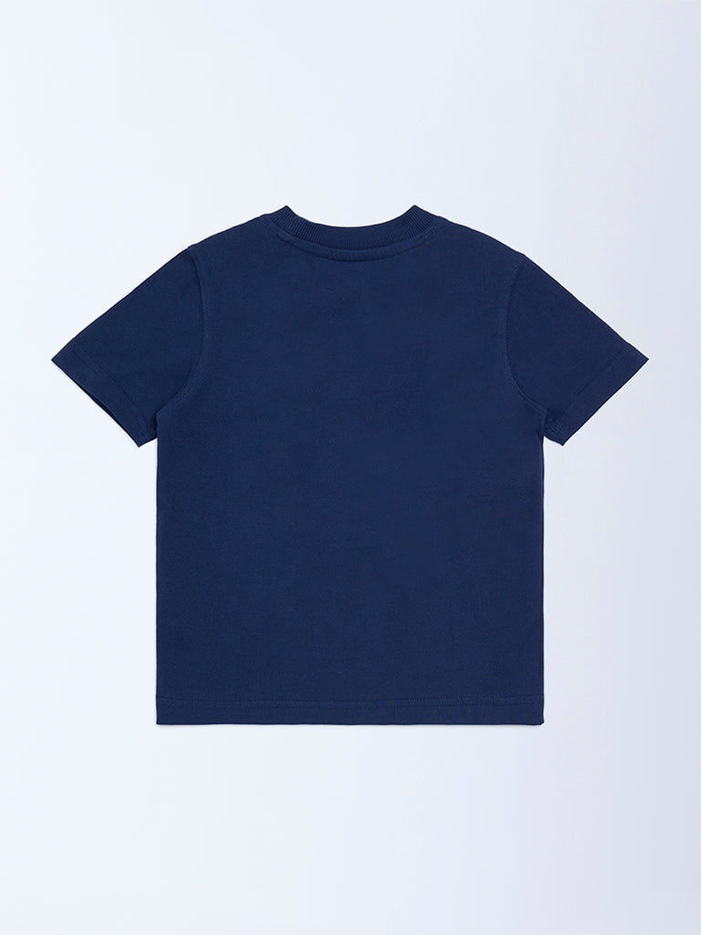 HOP Kids Boys Navy Text Embossed Cotton T-Shirt