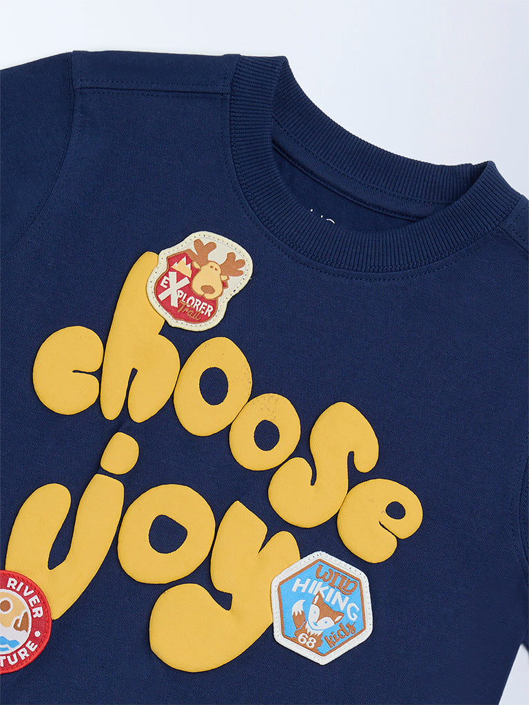 HOP Kids Boys Navy Text Embossed Cotton T-Shirt