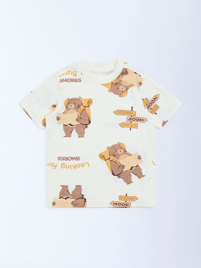 HOP Kids Boys Off-White Animal Printed Cotton T-Shirt