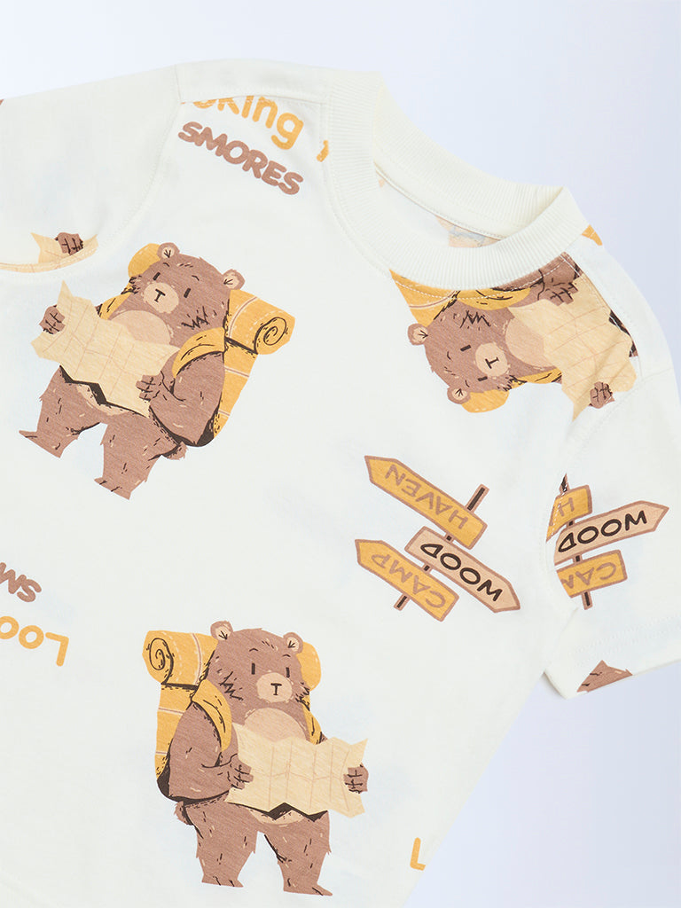 HOP Kids Boys Off-White Animal Printed Cotton T-Shirt