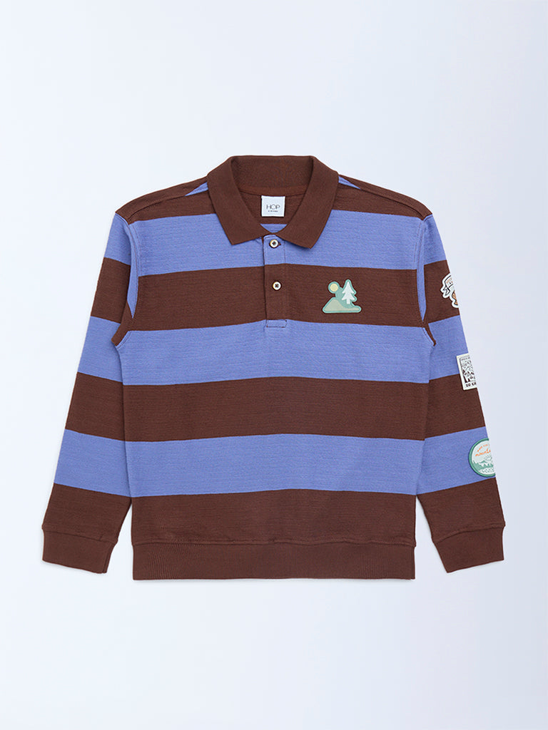 HOP Kids Boys Brown Striped Cotton Polo T-Shirt