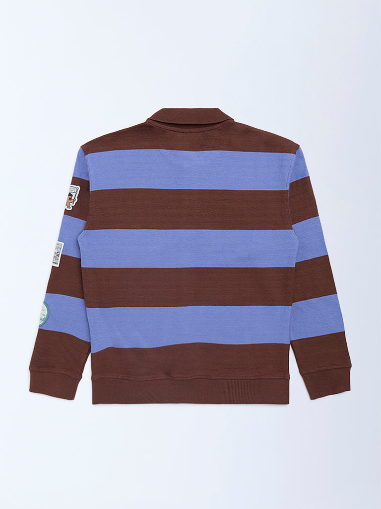HOP Kids Boys Brown Striped Cotton Polo T-Shirt