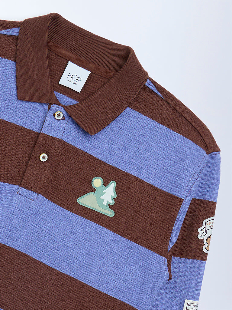 HOP Kids Boys Brown Striped Cotton Polo T-Shirt