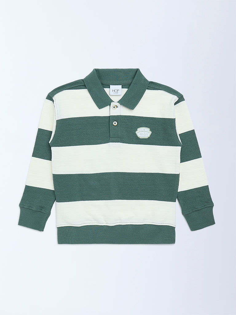 HOP Kids Boys Green Striped Cotton-Blend Polo T-Shirt