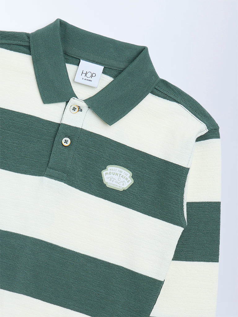 HOP Kids Boys Green Striped Cotton-Blend Polo T-Shirt