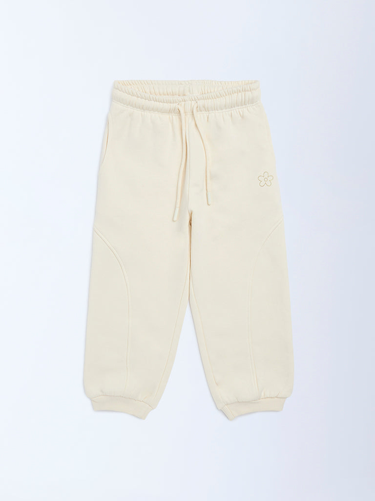 HOP Kids Girls Beige Solid High-Rise Cotton-Blend Joggers