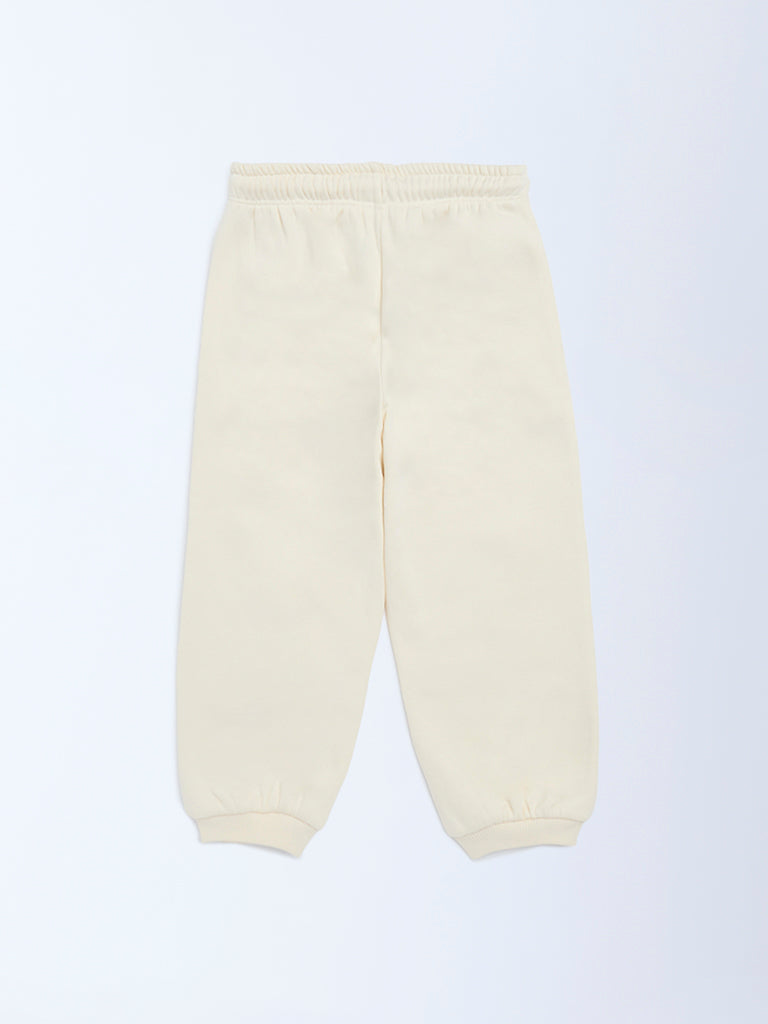 HOP Kids Girls Beige Solid High-Rise Cotton-Blend Joggers