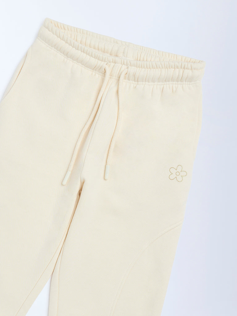 HOP Kids Girls Beige Solid High-Rise Cotton-Blend Joggers
