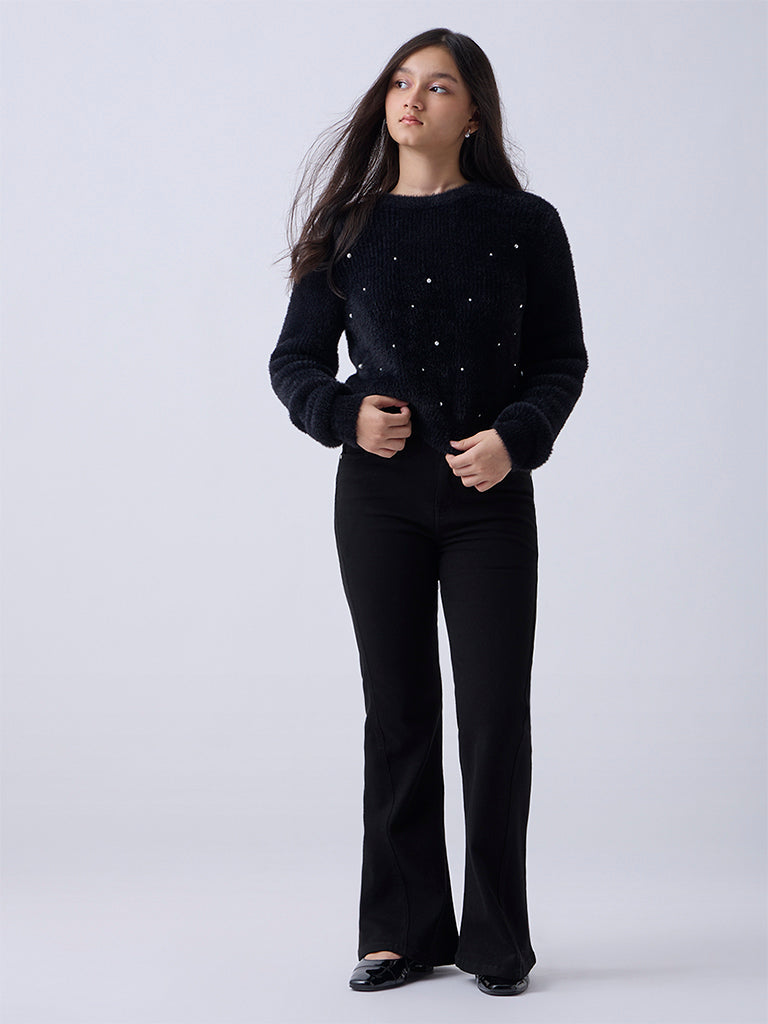 Girls Black High-Rise Flared Jeans