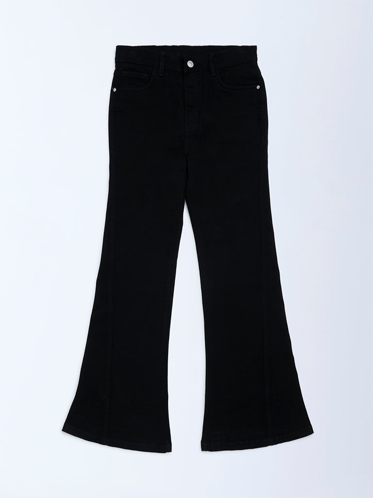 Girls Black High-Rise Flared Jeans