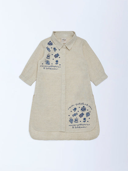 Utsa Kids Girls Beige Embroidered Cotton-Blend Tunic - (2-8 yrs)