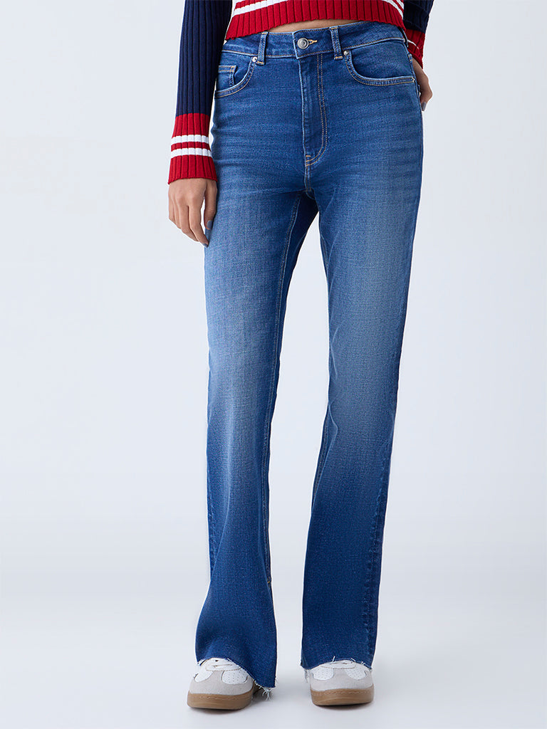 Nuon Blue Washed High-Rise Flared Jeans