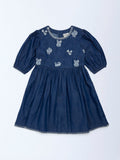 Utsa Kids Girls Navy Embroidered Fit-and-Flare Denim Dress - (2-8 yrs)
