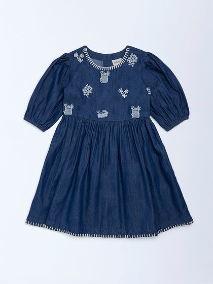 Utsa Kids Girls Navy Embroidered Fit-and-Flare Denim Dress - (2-8 yrs)