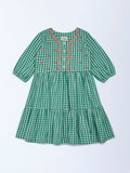 Utsa Kids Girls Green Gingham Checks Tiered Cotton Dress - (2-8 yrs)