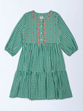 Utsa Kids Girls Green Gingham Checks Tiered Cotton Dress - (8-14 yrs)