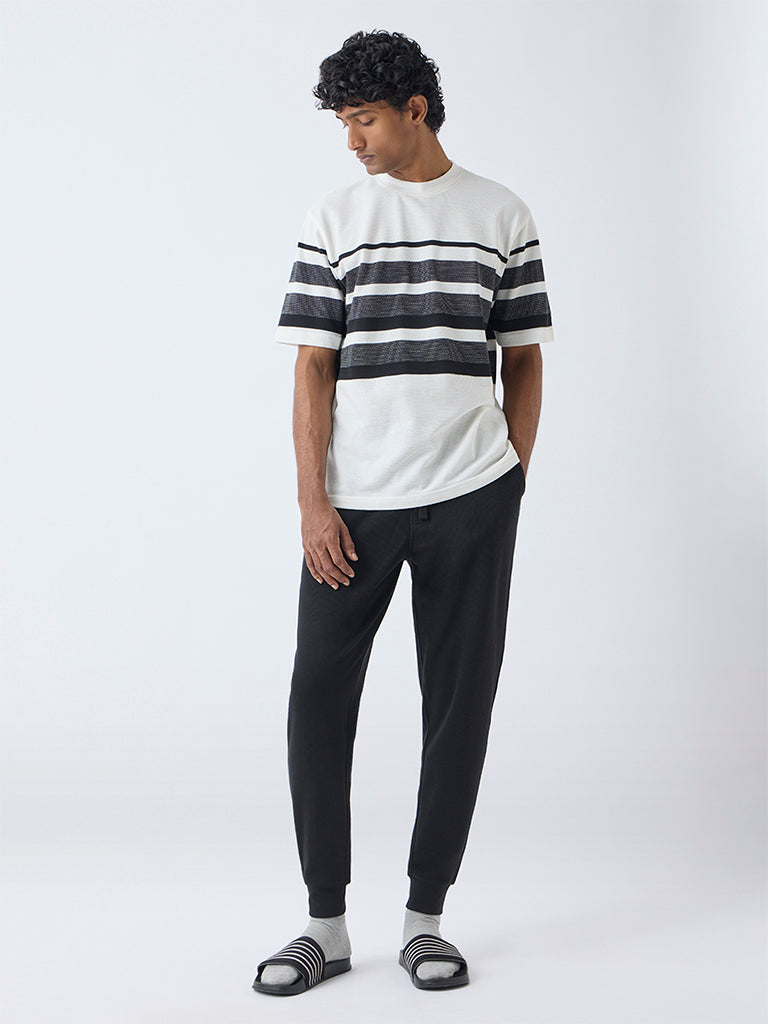 WES Lounge Black Waffle-Textured Relaxed-Fit Mid-Rise Cotton-Blend Joggers