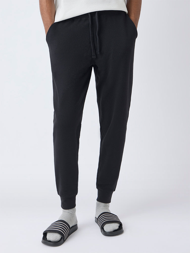 WES Lounge Black Waffle-Textured Relaxed-Fit Mid-Rise Cotton-Blend Joggers