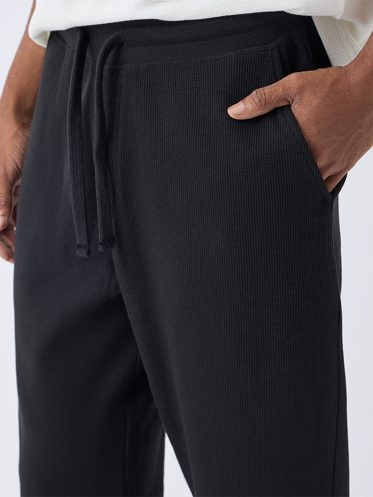 WES Lounge Black Waffle-Textured Relaxed-Fit Mid-Rise Cotton-Blend Joggers