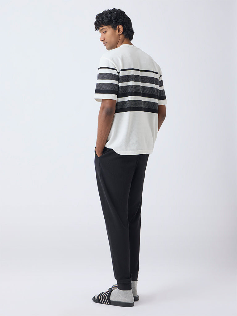 WES Lounge Black Waffle-Textured Relaxed-Fit Mid-Rise Cotton-Blend Joggers
