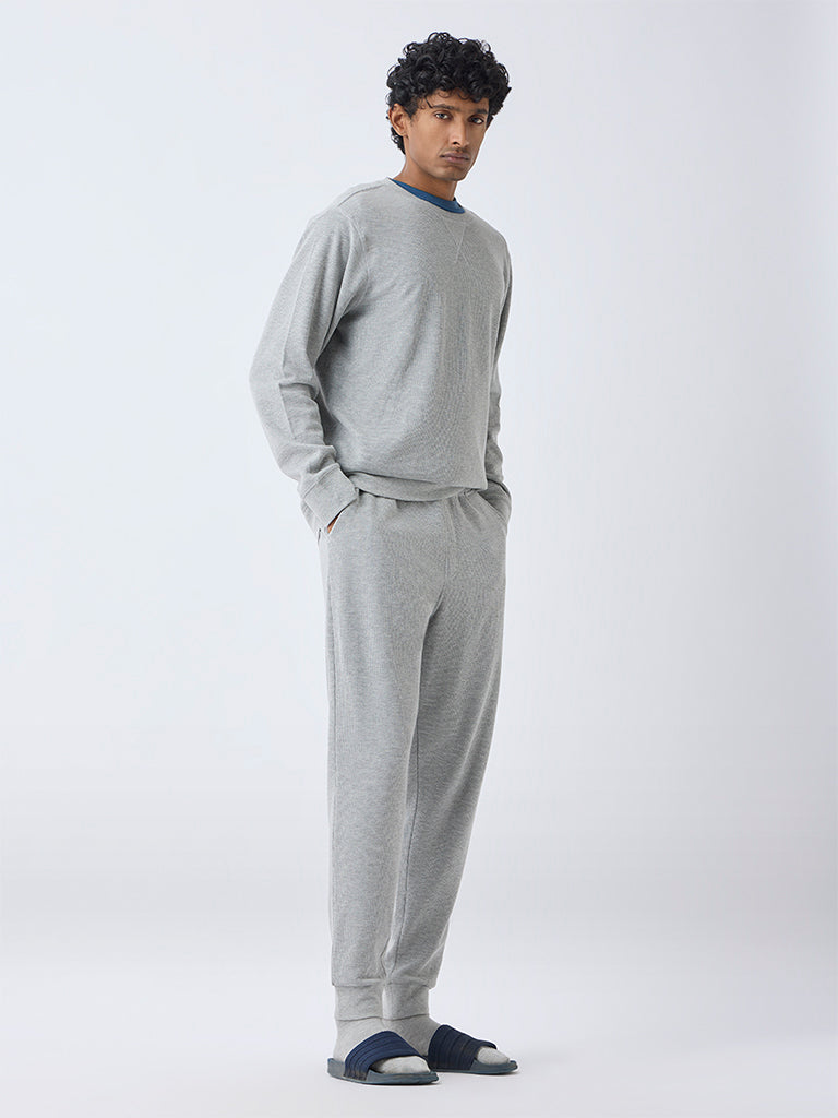 WES Lounge Grey Waffle-Textured Relaxed-Fit Mid-Rise Cotton-Blend Joggers