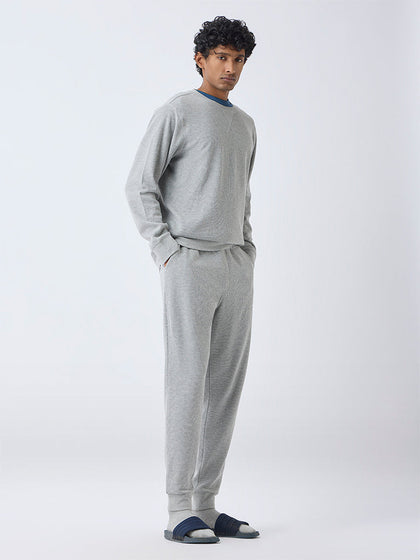 WES Lounge Grey Waffle-Textured Relaxed-Fit Mid-Rise Cotton-Blend Joggers