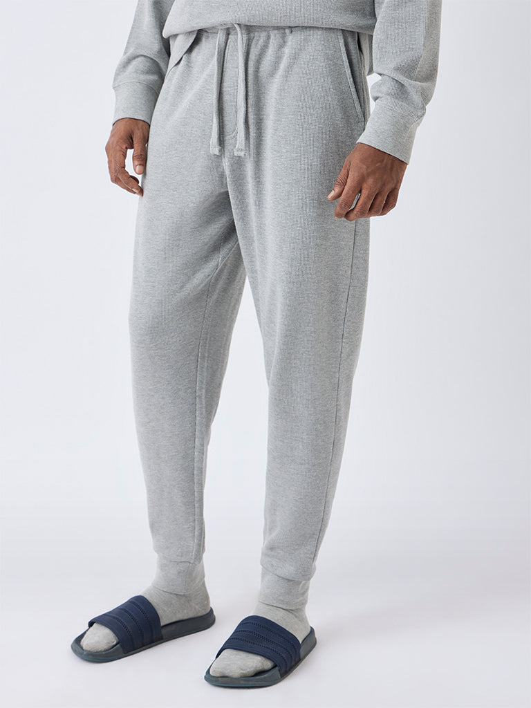 WES Lounge Grey Waffle-Textured Relaxed-Fit Mid-Rise Cotton-Blend Joggers