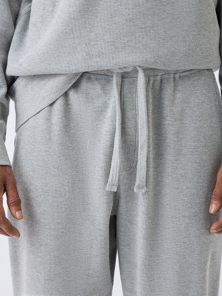 WES Lounge Grey Waffle-Textured Relaxed-Fit Mid-Rise Cotton-Blend Joggers