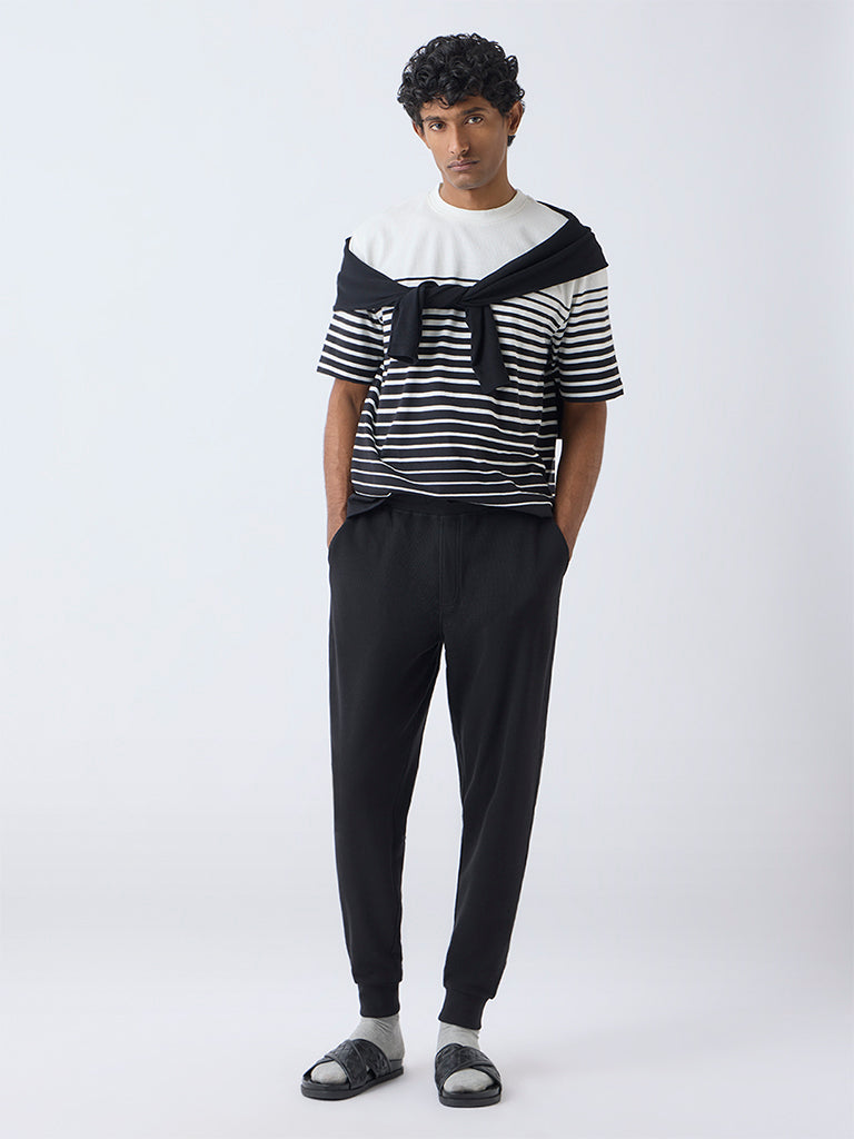 WES Lounge Black Striped Relaxed-Fit Cotton-Blend T-Shirt