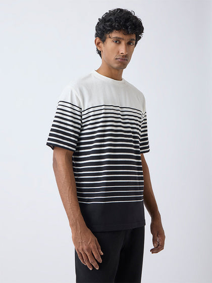 WES Lounge Black Striped Relaxed-Fit Cotton-Blend T-Shirt