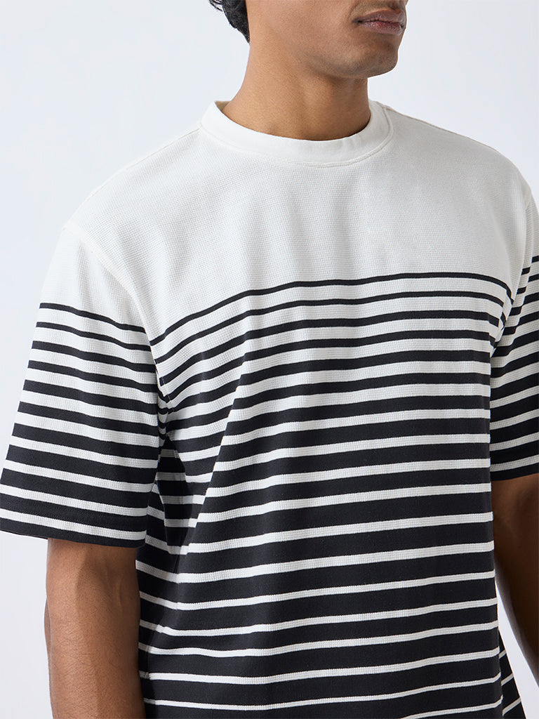 WES Lounge Black Striped Relaxed-Fit Cotton-Blend T-Shirt