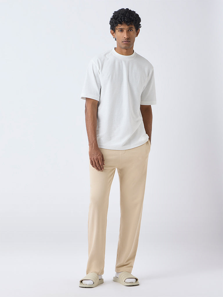 WES Lounge Off-White Self-Textured Relaxed-Fit Cotton-Blend T-Shirt