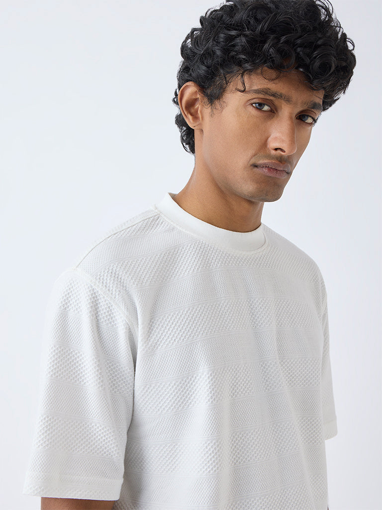 WES Lounge Off-White Self-Textured Relaxed-Fit Cotton-Blend T-Shirt