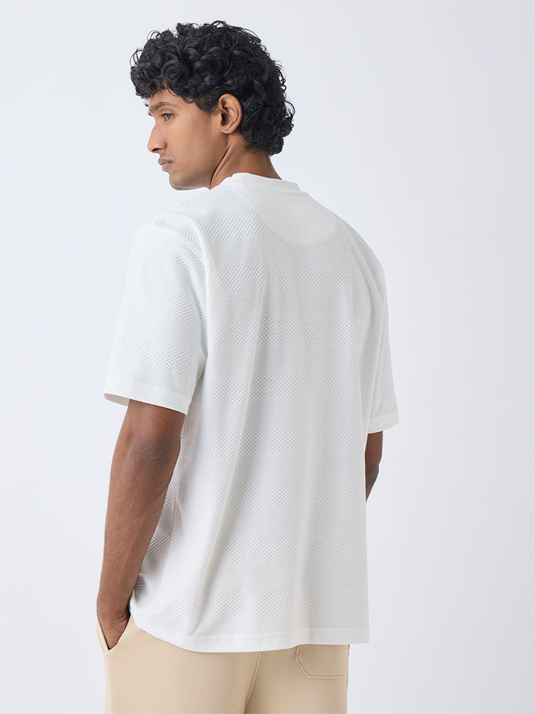 WES Lounge Off-White Self-Textured Relaxed-Fit Cotton-Blend T-Shirt