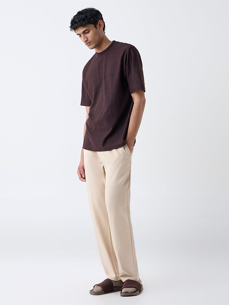 WES Lounge Dark Brown Self-Textured Relaxed-Fit T-Shirt