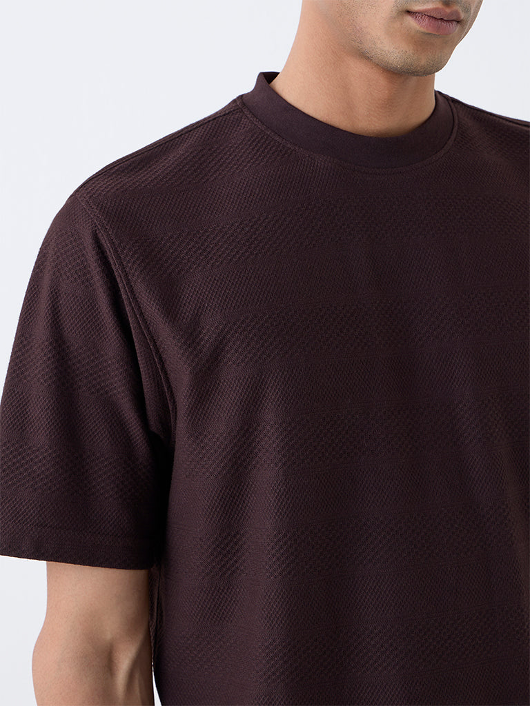WES Lounge Dark Brown Self-Textured Relaxed-Fit T-Shirt